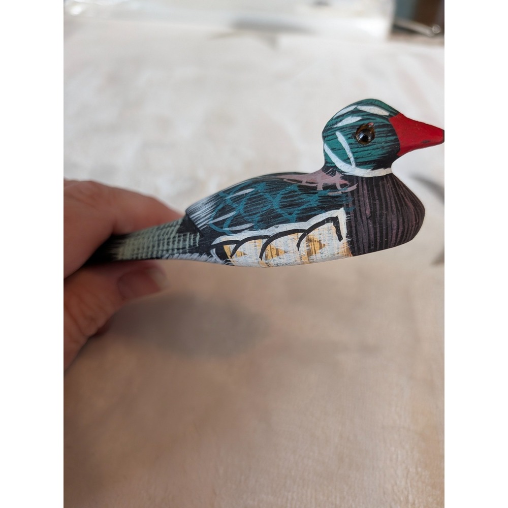 Green Duck Hand-Carved Hand-Painted Wood Folk Art Bird Letter Opener Glass Eye